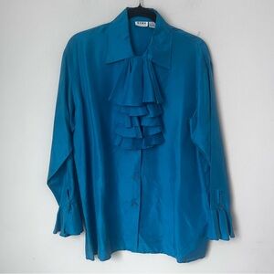 Vintage Teal 100% Silk Ruffle Blouse | Romantic Soft Girl Classic Size Medium♣️
